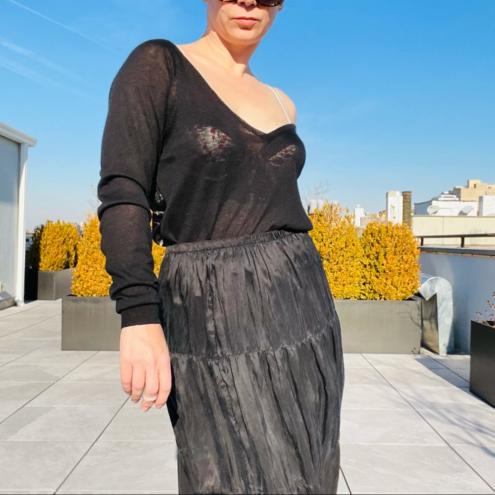 DIALOGUE 100% Silk Layered Tiered Elastic Waistband Maxi Black Full Circle Skirt - Picture 16 of 17
